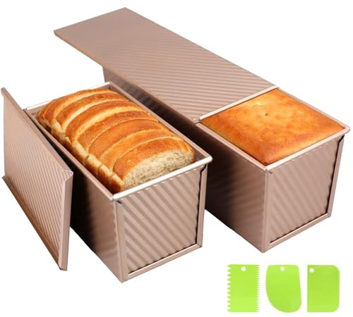 OGMBI 2 Pack Pullman Loaf Tins with Lids, 1000g & 450g Non-Stick Bread Pan | Carbon Steel, Rose Gold Non-Stick Coating, Sliding Lids, 2.2lb & 1lb Capacities for Sandwich Bread Toast Cakes