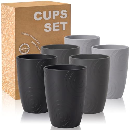 Wrova Plastic Cups Reusable Set of 6-450 ML Unbreakable Plastic Glasses | Dishwasher & Microwave Safe Kitchen Cups - Ideal Drinking Glasses for Tea, Coffee, Juice - Grey Stone