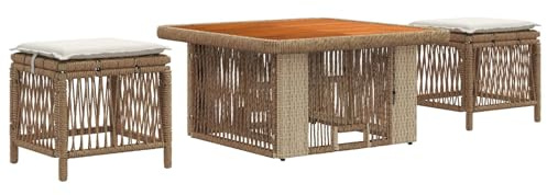 vidaXL Garten Essgruppe mit Kissen 3 pcs Beige und Creme Poly-Rattan, Garten Essgruppe, rustikal, wetterfest, höhenverstellbarer Tisch für Outdoor-Treffen, modernes Freizeitmöbel