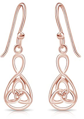 DTPsilver® 925 Sterling Silver Rose Gold Plated Drop/Dangle Hook Celtic Trinity Knot Earrings - Dimensions: 9 x 31 mm