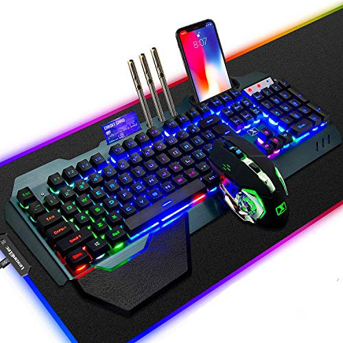 Tastiera mouse ricaricabile wireless 2.4G Set 3800mAh Tastiera gamer retroilluminata arcobaleno ad alta capacità 2400 DPI mouse 6 pulsanti Mouse ottico Mouse pad gaming RGB di grandi dimensioni