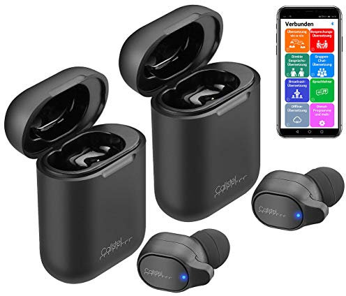 Callstel Kopfhörer: 2er-Set 2in1-Live-Übersetzer, In-Ear-Mono-Headset, Powerbank-Box & App (Mobiler Echtzeit Sprachübersetzer, Kopfhörer Mono, Freisprecheinrichtung)