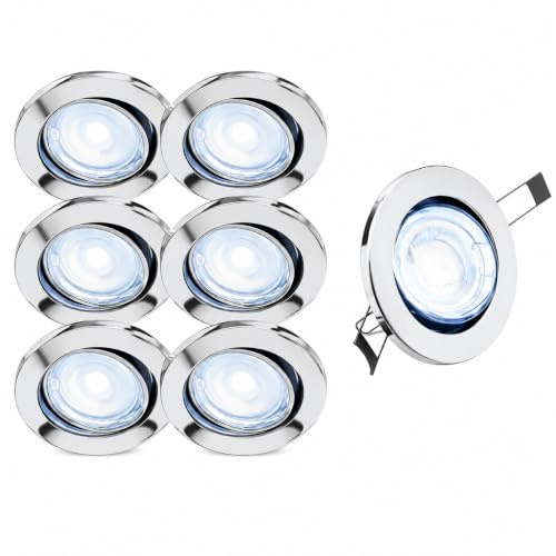 Trango 6729-068G6KSDAK 6er Set Deckenstrahler in Chrom-Optik rund inkl. 6x 5 Watt 3-Stufen dimmbar GU10 LED Leuchtmittel 6000K Tageslichtweiß (kaltweiss) Einbaustrahler, Einbauspot, Deckenleuchte