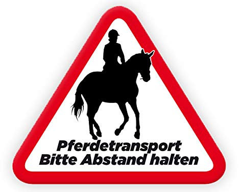 Tierisch werben Pferdetransport - Bitte Abstand halten! (30x25 cm) Schild o. Aufkleber für Pferdeanhänger in konturgeschnittener Dreiecksform Motiv: Reiter (Aufkleber)