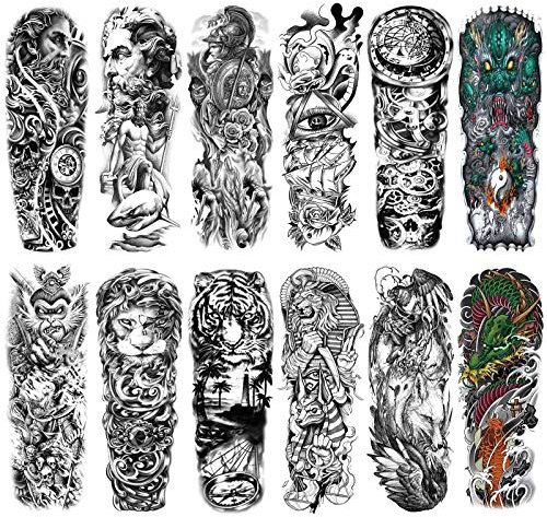 HOWAF Extra Large Tatouages Temporaires Imperméables 12 Feuilles Bras Complet Faux Tatouages Autocollants pour Hommes et Femmes Adultes Manches De Tatouage