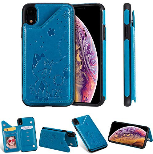 nancencen Kompatibel mit iPhone XR (6.1 Zoll) Handyhülle, (Karten Slot) Flip Cover TPU Schutzhülle (Anti-Fall) für iPhone XR (6.1 Zoll) -Katze und Schmetterling -Blau