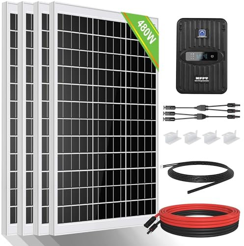 ECO-WORTHY 2 kW·h/Tag Solarpanel Kit 480W 12V Solarsystem für Wohnmobile:4 Stücke 120W Monokristallines Solarpanel + 40A 12V/24V MPPT Laderegler + Solarkabel + Z-Halterung
