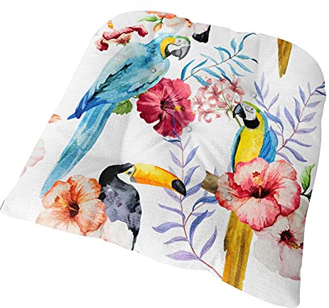 FANSU Stuhlkissen mit Bändern, Vogel & Blumen Drucken Sitzkissen Leinen Weiches Stuhl Auflage Tatami Komfortable Sitzpolster für Indoor Zuhause Stuhl Balkon Garten (40x40x6cm,Blauer Papagei)