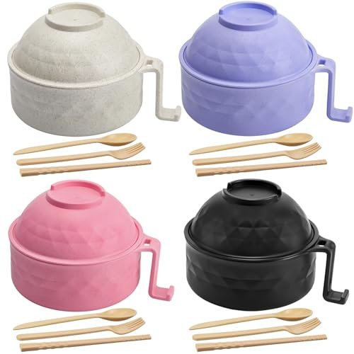Romooa 4 Sets 33 oz Microwave Ramen Cooker Set, Black, Beige, Pink, Purple