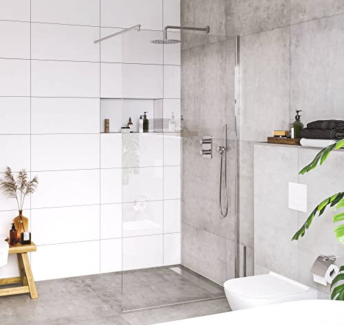 Saqu Solo Duschwand inkl. Antikalk 80x200 cm - Walk in Dusche mit Stabilisator - NANO Glas Duschtrennwand Badewanne Duschwand Nanoglas/Aluminium