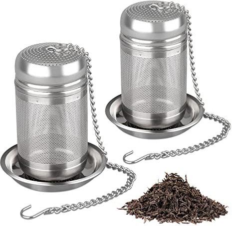 HONZUEN Tea Infuser,304 Stainless Steel Tea Strainers for Loose Tea Fine Mesh,Loose Leaf Tea Defusser Filter with Lid Chain Hook and Drip Tray for Hanging on Teapots Cups Mugs(2 Pcs)