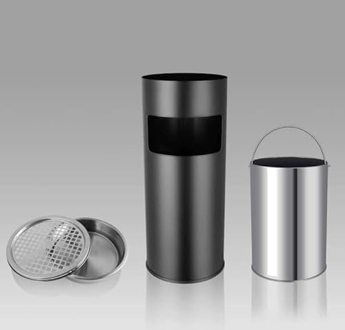 HUOLE Mülleimer, Standaschenbecher, mit Inneneimer, 30 Liter, aus Stahl, Outdoor, Bürogebäude, Hotel und Garten,Standascher mit Mülleimer,Abfalleimer Standaschenbecher (Schwarz-1St)