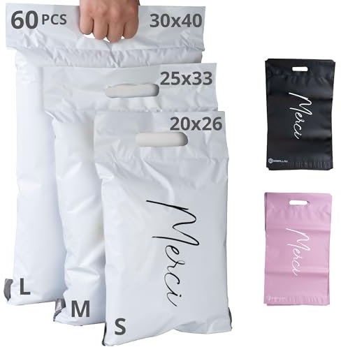 EMBALLAX - 60 Versandtaschen Warensendung - 3 Größen S/M/L - UNDURCHSICHTIG/WIDERSTANDSFÄHIG/WASSERDICHT - Versandtüten für Kleidung - Umschlag für Kartons - Versandbeutel - Versandtasche - Danke
