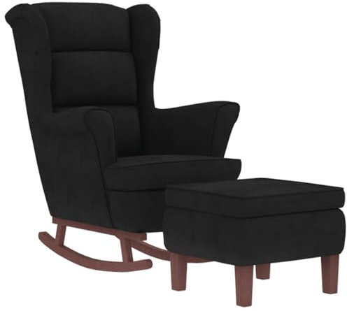 vidaXL Schaukelsessel und Hocker mit Holzbeinen Schwarz Samt, Sessel mit Hocker, Relaxsessel, Relaxstuhl, Schaukelsessel, Relaxsessel mit Hocker