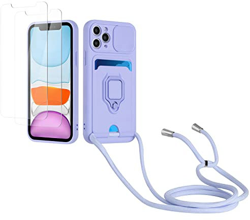 Kaslly Cover Compatibile con iPhone 11 Pro Max+[2 Vetro Temperato],Slot Schede,360°Magnetica Anello,Protezione Fotocamera,Cordino Collana Necklace Silicone Case-Viola