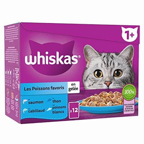 WHISKAS Repas pour Chat - 48 Sachets Fraîcheur (Lot de 4 Packs 12x85g) - Poissons Favoris (4 variétés) - Pâtée pour Chat Adulte en Gelée