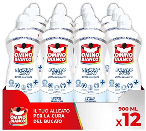 Omino Bianco - Additivo Sbiancante Bianco Vivo Gel Lavatrice, Azione Extra Sbiancante e Igienizzante, Specifico per i Tessuti Bianchi, 900 ml x 12 Pezzi
