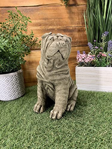STONE GARDEN SITTING SHAR-PEI PUG DOG DETAILED CONCRETE ORNAMENT
