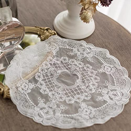 2 x Retro-Platzsets aus französischer Spitze, exquisite Blumenstickerei, runde Deckchen, Untersetzer, Vasenmatte für Heimdekoration (weiß, Durchmesser 27 cm)