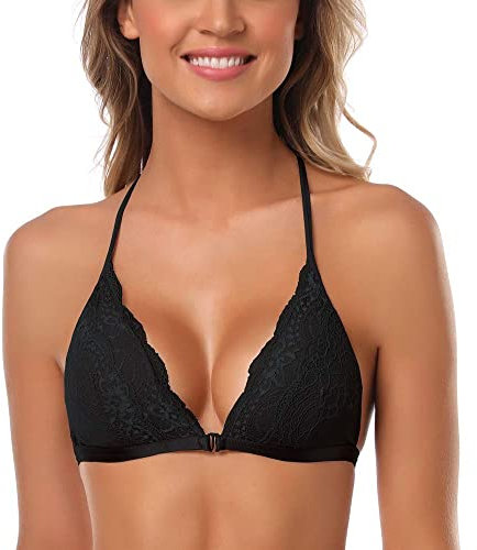 SHEKINI Women's Lace Bralette Sexy Triangular Bra Front Fastening with Removable Pads Backless Bras Plus Size, Black, S
