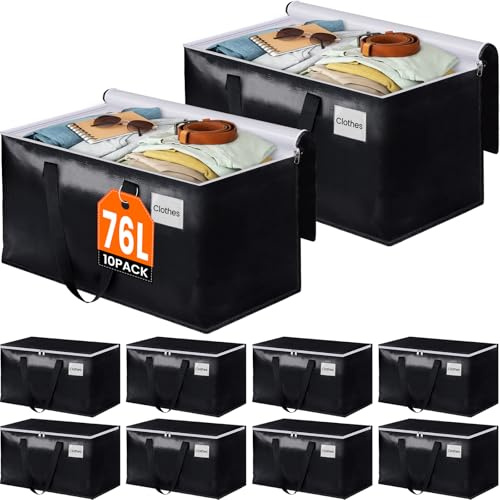 BlissTotes Umzugstaschen, robuste Umzugskartons mit Reißverschluss oben und stabilen Griffen, Aufbewahrungstaschen zum platzsparenden und Verpacken, faltbare Umzugsmaterialien, 10er-Pack, schwarz)