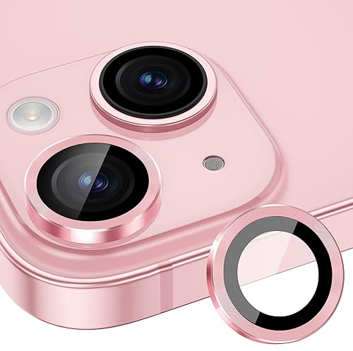 Xfilm Camera Lens Protector Compatible for iPhone 15/15 Plus, Individual Metal Ring 9H Hardness Scratchproof Protector, Stylish Accessories, Case Friendly (Pink)