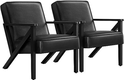 Yaheetech Loungesessel 2er Set Sessel Vintage Relaxsessel Kunstleder mit Massivholzbeinen Einzelsofa für Wohnzimmer/Schlafzimmer/Empfangsbereich Schwarz