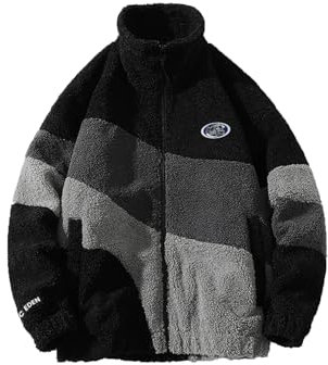 Aelfric Eden Herren Fleece Winterjacke Damen Warm Fleecejacke Stehkragen Zip Farbblock Wintermantel Sherpa Jacken mit Taschen Outwear Schwarz, L