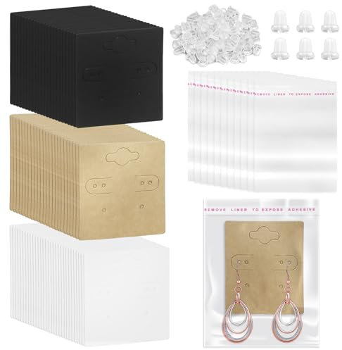Swpeet 550-teiliges Ohrring-Hängekarten-Sortiment-Set inklusive 150 Stück 5,1 x 5,1 cm, 6 Löcher, quadratisch, blanko, Papier-Ohrring-Display-Karten in 3 Stilen, 200 Silikon-Ohrring-Verschlüsse und