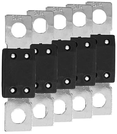 Offgridtec 80A MEGA Sicherung Set für 48V DC Systeme, Hochstrom-Streifen-Sicherungen mit Kupferanschlüssen, Niedrigkontaktwiderstand, Funken-Schutz, Schraubbefestigung, RoHS & UL zertifiziert, 5-Pack