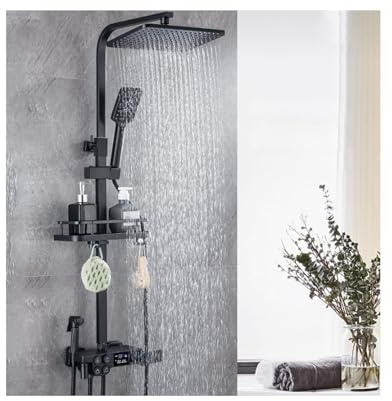 WRJAHCG Schwarz Duschsystem Mit Thermostat,Intelligentes Led Display,3 WassersprüHmodi,Verstellbare Hebestange,Duschbrause Mit Schlauch Geeignet FüR Erwachsene Kinder Und Haustiere