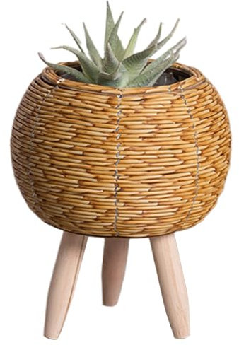 Pequeño soporte de plantas, soporte de plantas de mimbre rústica de 3.9 pulgadas con patas de madera y revestimiento de plástico, soporte de plantador de ratán interior, maceta de planta de pie para