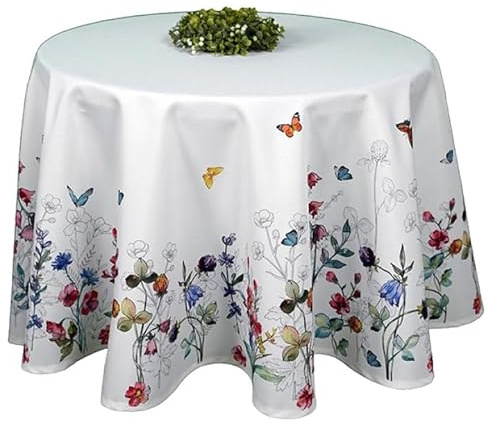 Tischdecke Mitteldecke Tafeltuch rund Frühling Sommer wollweiß Bunte Blumen geblümt Schmetterlinge Verschiedene Größen pflegeleicht (130 cm)