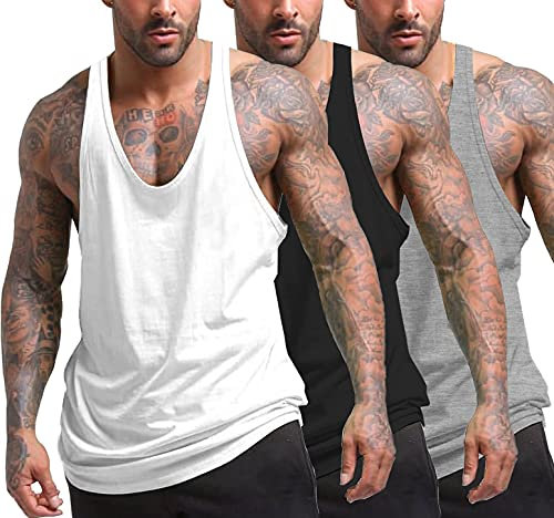 COOFANDY Herren Bodybuilding Gym Tank Tops 3er Pack Stringer Workout T-Shirts Ärmellos Sleeveless Schwarz/Weiß/Grau L