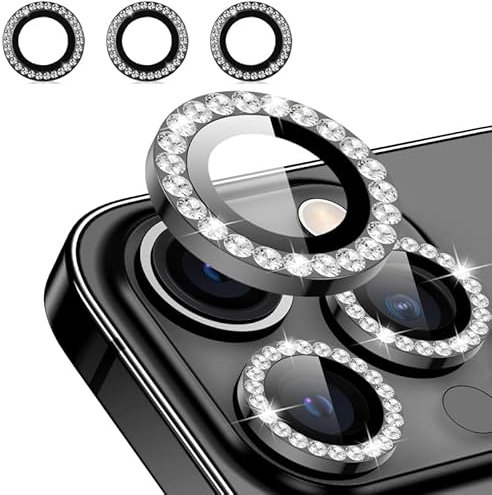 HhBdy Protezione Fotocamera 14 Pro Cover 14 Pro Max Protezione Fotocamera Ling Glitter Individuale Vetro Temperato Anello di Metallo Cover per 14 Pro 6.1/14 Pro Max 6.7 (Nero)