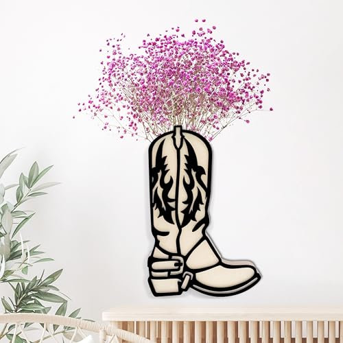 Western Cowboy Boot Vase Decor for Wall, Wooden Cowgirl Cowboy Boot Vase Decor for Flower, Farmhouse Cowboy Boot Centerpieces for Tables, Boot Planter, 10 x 6.7 inch, Black