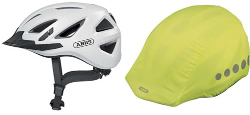 ABUS Stadthelm Urban-I 3.0 - Fahrradhelm mit Rücklicht & Regenkappe für Helme - Regenschutz mit dekorativen Reflektoren und Gummizug - wasserabweisend – Gelb