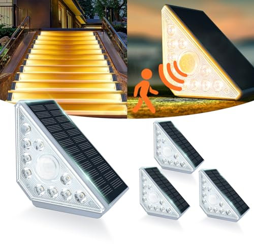 MEDOYOH 4PCS Solar Treppenbeleuchtung Aussen mit Bewegungsmelder, Warmweiß Licht Solartreppenleuchten IP44 Wasserdicht 800mAh für Gartenstufen Deck Terrasse Haustür Zaun