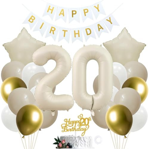 SNOWZAN 20. Geburtstag Deko Mädchen Junge - Weiß Gold Party Set Mit Kuchen Topper - 20th Birthday Decorations für 20 Jahre Geburtstagsdeko