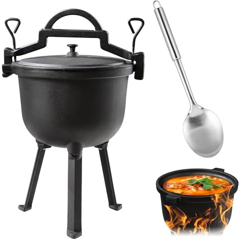 KADAX Hervidor de caza, olla de hierro fundido con patas, olla de hierro fundido, horno holandés para jardín, hoguera, camping, barbacoa, olla con tapa (8 l con cuchara)