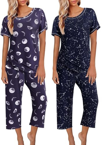 Confezione da 2: Pigiami da Donna a Maniche Corte, Top e Pantaloni Capri, Pigiami Stampati con, Pigiama Completo Pigiama Pile Noi di Notte (Navy, M)