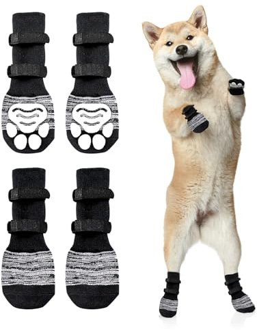 Hundesocken, 4 Stück Anti-Rutsch Hundesocken Leckschutz mit Verstellbaren Klettverschluss Riemen Pfotenschutz Hund für Hartholzböden in Innenräumen Kleine, Mittlere Große Hunde (L)