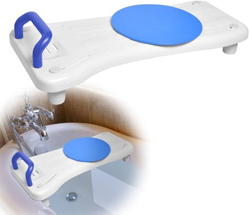 HENGMEI Badewannensitz Senioren, Einstellbar Badewannenbrett Badewannen Einstiegshilfe, Plastik Sitz Bath Erwachsene mit Seifenablage und Haltegriff, 360º Drehbarer Sitz, Blau Griff
