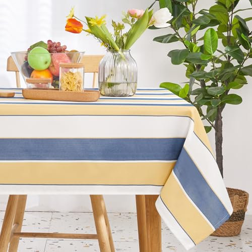 Deconovo Abwaschbar Tischdecken Wasserabweisende Lotuseffekt Tischwäsche pflegeleicht Tischtuch Tischschutz Elegante Tischdecke für Küche, 140x240 cm, Blau + Gelb, 1 Stück