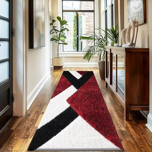 Trendy Realm Nia Lux CollectionRunner Rug - Hallway Carpet Runners, Non-Slip Floor Mats for Kitchen, Living Room, Corridor, Entryway, Door Entrances (Nia, Red Black, 60x220cm)