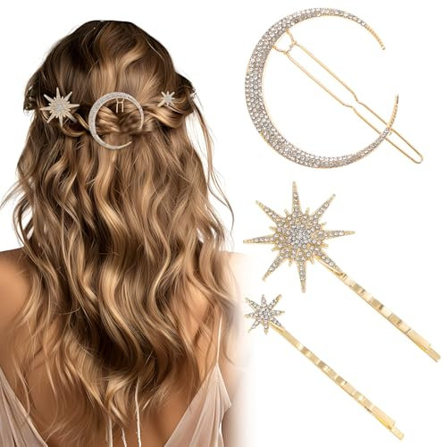 Nogeqi 3 Stück Stern Haarspangen Gold Mädchen, Haarspange Sterne, Schneeflocken Haarschmuck, Star Hair Clips Metall Haarreif Sonne Mond Und Sterne Mit Sternchen Elegante Für Frauen Braut Und Hochzeit