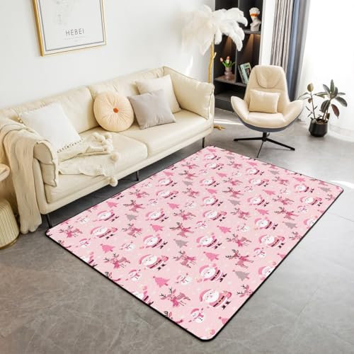 Loussiesd Tappeto natalizio per soggiorno, rosa, 100 x 150 cm, per bambini, con pupazzo di neve, Babbo Natale, alce, fiocco di neve, tappeto decorativo antiscivolo per albero di Natale