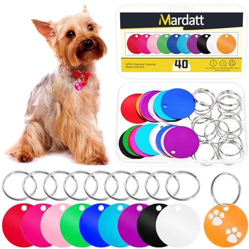 Mardatt 40 Stück (20 Set) Aluminium Blank Tags mit Schlüsselring Kit, 10 Farben Runde Stempeln Blanks Gravur Blank Scheiben Hund Tag Haustier Tags für DIY Dekorative Handwerk, 35 x 35 x 1mm