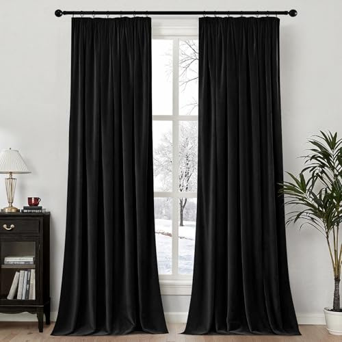 MIULEE Samtvorhang Kräuselband Blickdicht 2er Set Schwarz 140x225cm | Samtvorhang schwer blickdicht, thermische Isolierung, Kräuselband, edler Look für Wohn- und Schlafzimmer