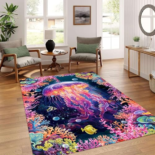 YJDRUG 3D-Quallen-Print Teppich Unterwasserwelt 100x150cm – rutschfeste Küchenmatte & Wohnzimmerläufer In Neonfarben – Maschinenwaschbar für Bad, Kinderzimmer & Moderne Deko